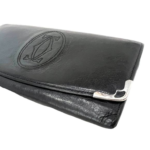 CARTIER: Black Leather Double C Logo Long Wallet #1300 - Picture 5 of 9